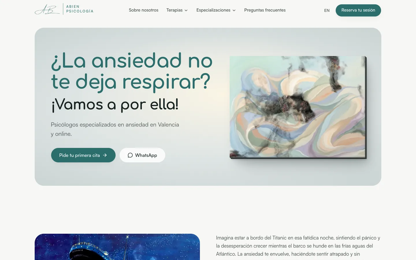 Página de la especialidad de ansiedad: «¿La ansiedad no te deja respirar? ¡Vamos a por ella!» junto a su cuadro vivo