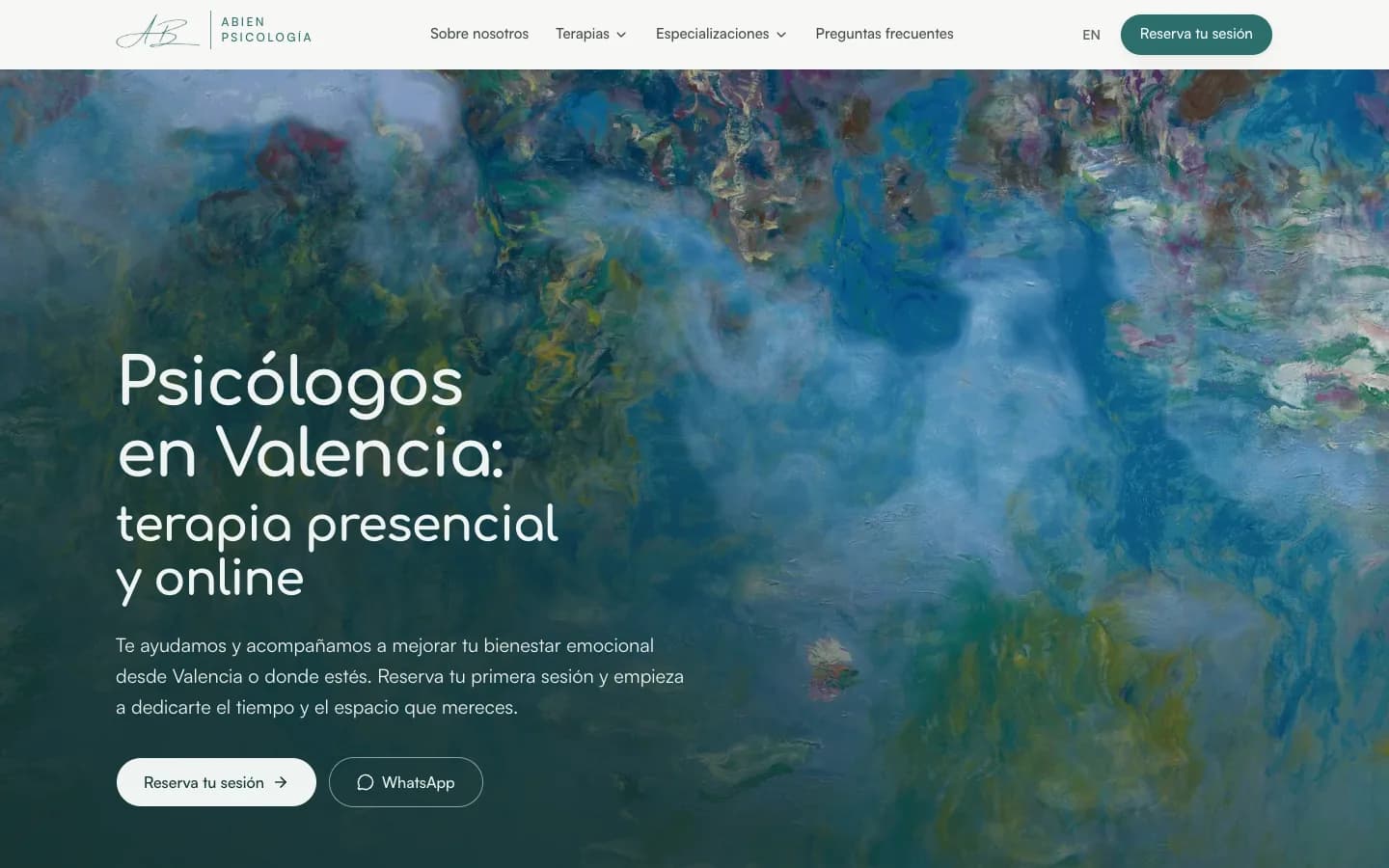 Portada de Abien Psicología: «Psicólogos en Valencia: terapia presencial y online» sobre un cuadro de Monet vivo en WebGL, con botones de reserva y WhatsApp