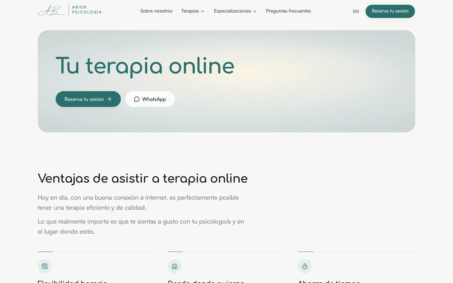 Página de terapia online: titular, botón de reserva, WhatsApp y las ventajas de la terapia a distancia