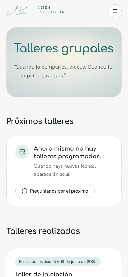 Talleres grupales en móvil: estado vacío honesto («Ahora mismo no hay talleres programados») con un botón para preguntar por el próximo