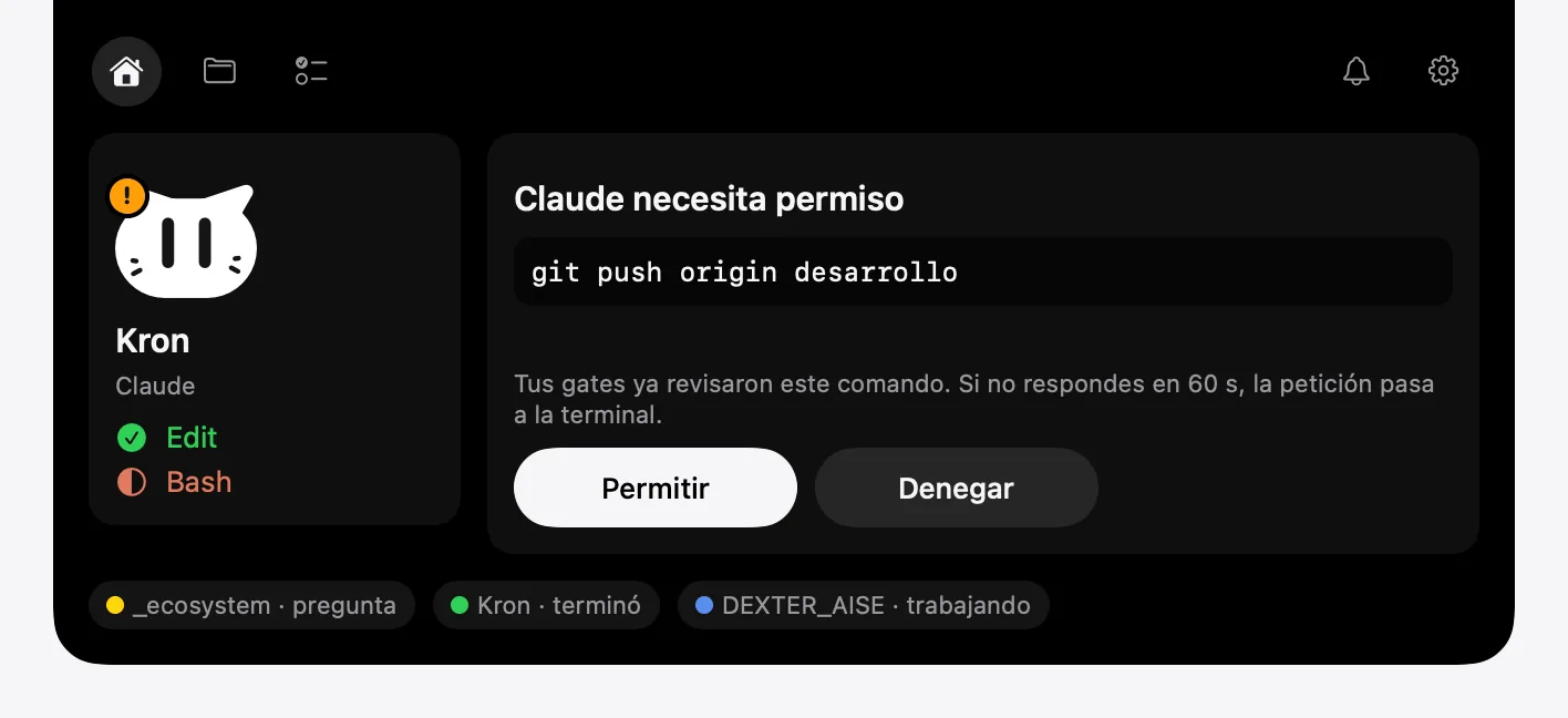 Isla desplegada con una petición de permiso: «Claude necesita permiso» para un git push, con botones Permitir y Denegar