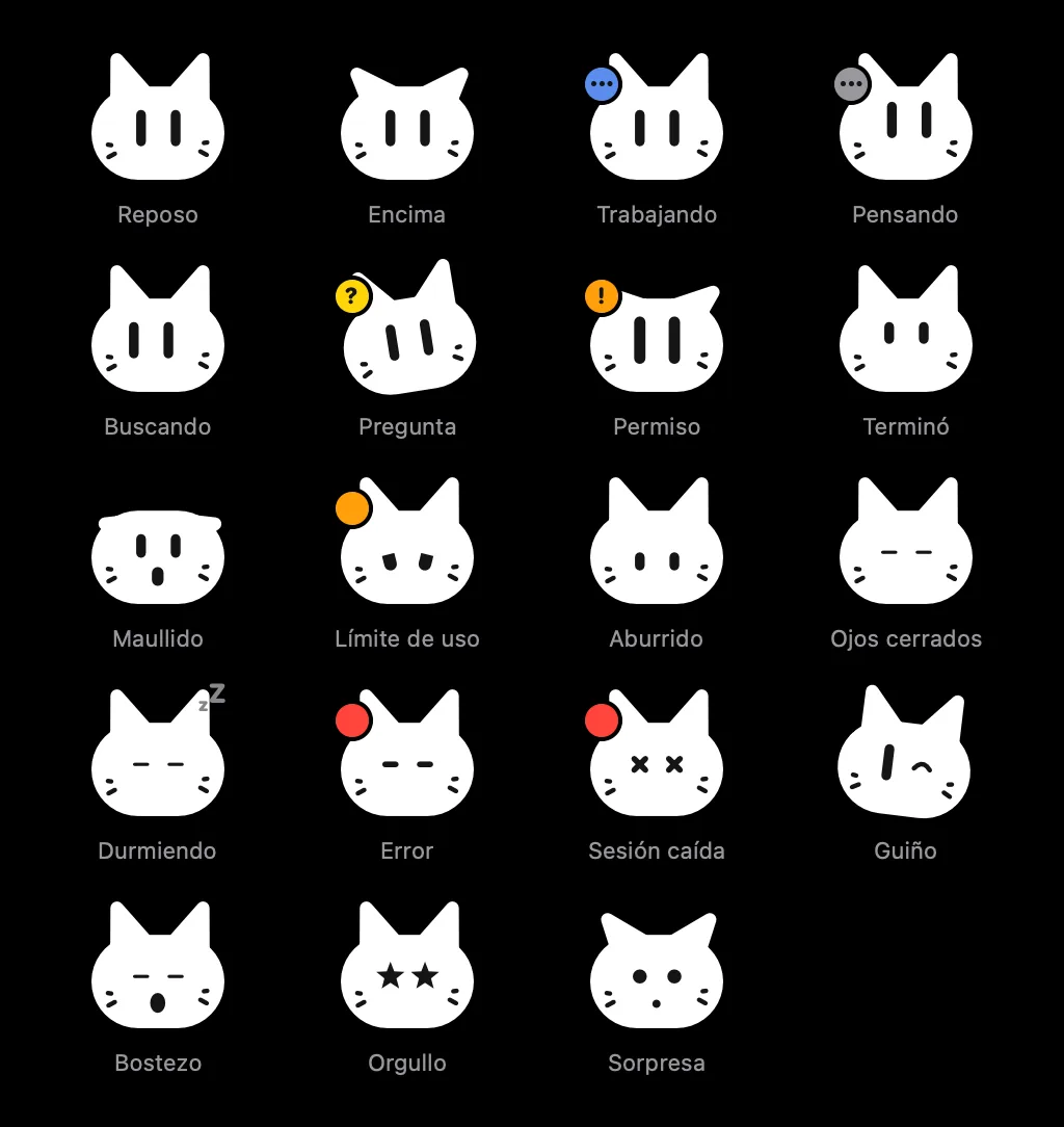 Las 19 poses de la mascota de AURORA: reposo, encima, trabajando, pensando, buscando, pregunta, permiso, terminó, maullido, límite de uso, aburrido, ojos cerrados, durmiendo, error, sesión caída, guiño, bostezo, orgullo y sorpresa