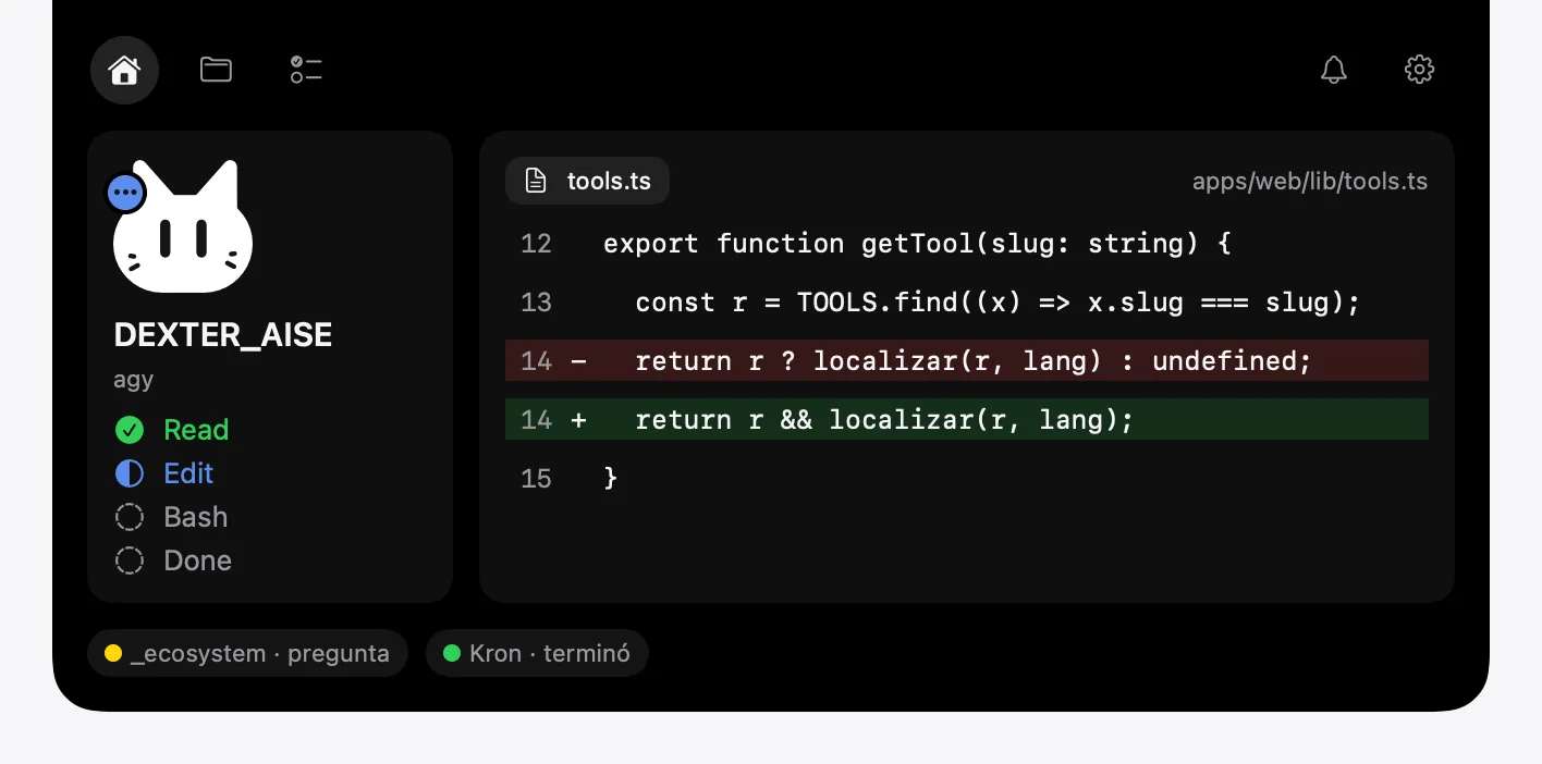 Isla mostrando a un agente trabajando: el diff de una línea en un archivo TypeScript y la lista de pasos Read, Edit, Bash y Done