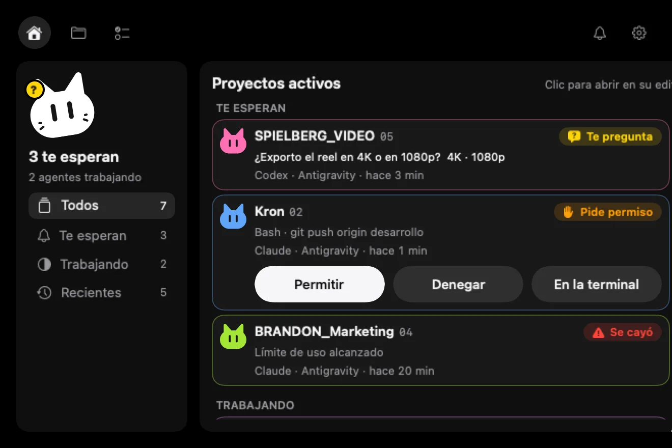 Resumen de AURORA en modo oscuro: tres sesiones esperan (una pregunta, un permiso y una sesión caída) y dos agentes trabajan, cada proyecto con su color