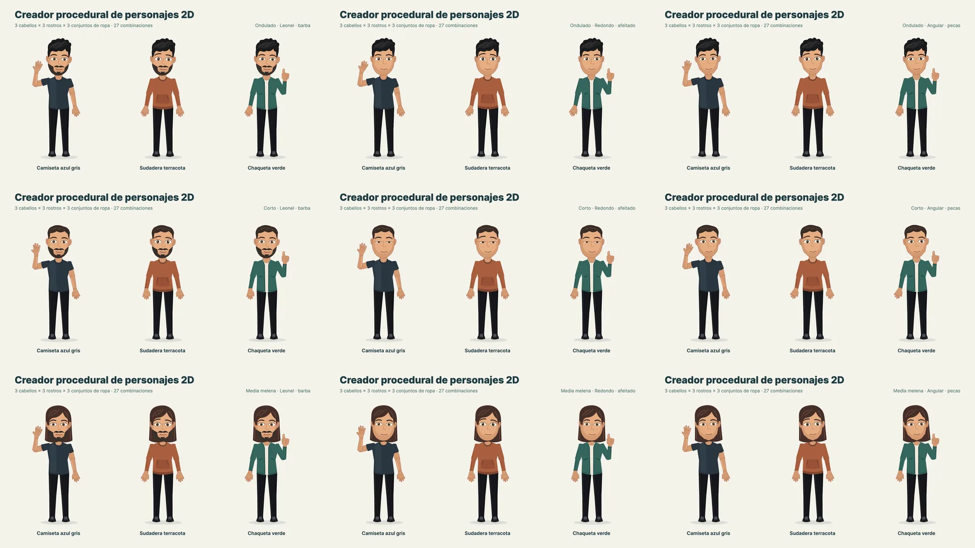 Creador procedural de personajes 2D: 27 combinaciones de peinado, rostro y ropa